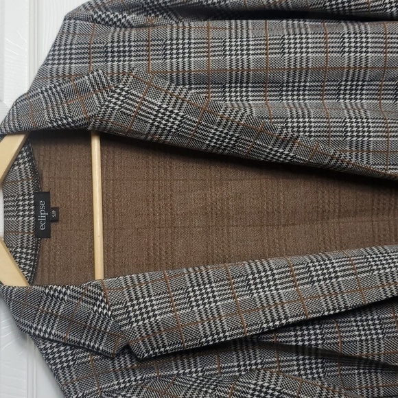 Eclipse Lapel Colar Folding Sleeve Open Front Plaid Blazer Brown Size Small - Picture 2 of 12